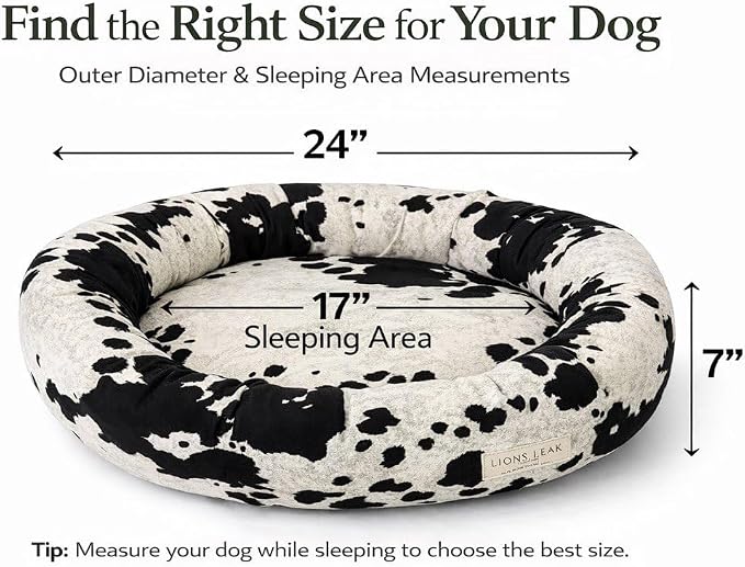 Round Dog Bed – Natural Canvas, Removable Washable Cover, Raw Cotton or Latex Fill, Hypoallergenic Non-Toxic, Made in USA (Cow Print Black White, Small, Soft Comfort – Organic Latex)