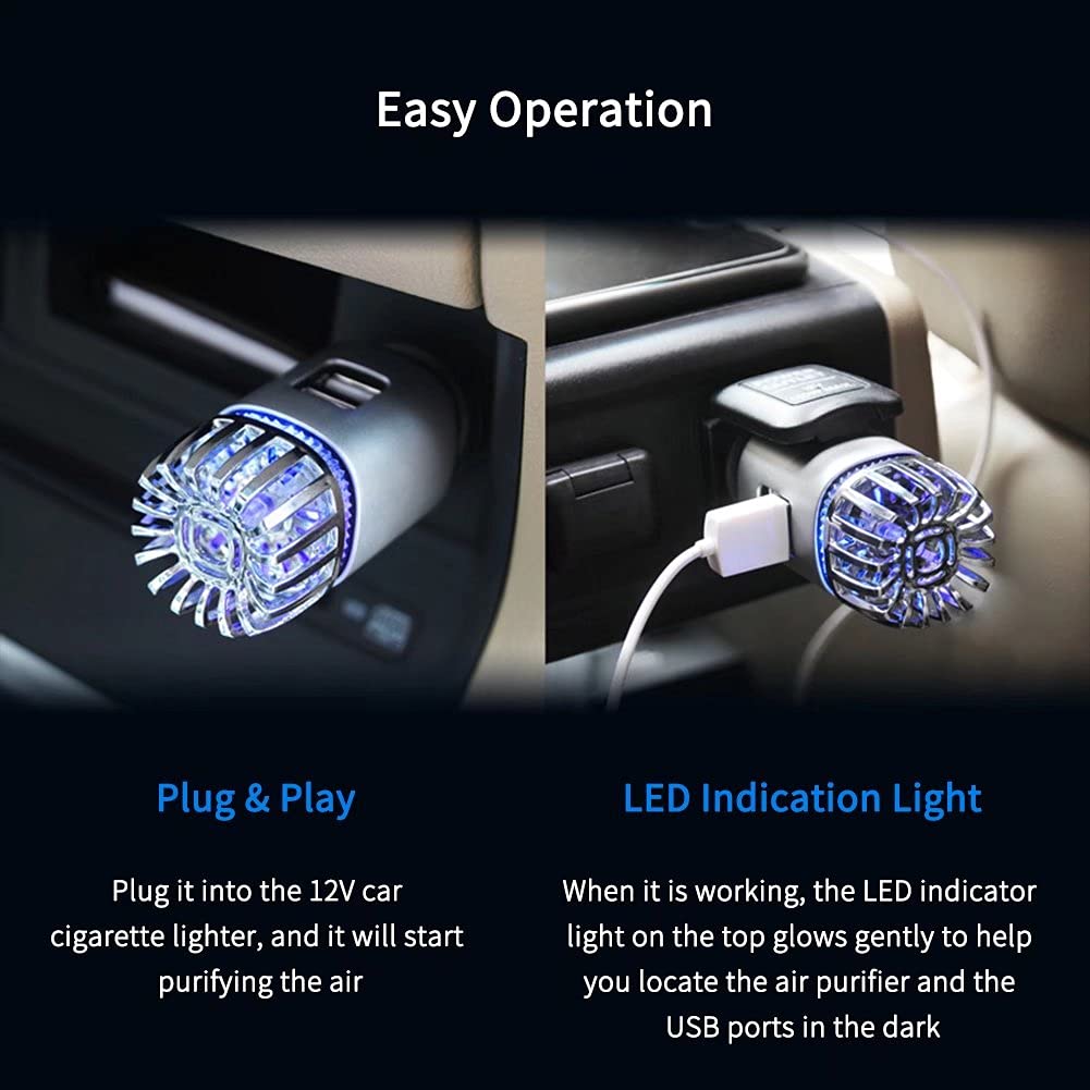 Car Air Purifier Ionizer, 12V Plug-in Car Air Freshener Gadgets with Dual USB Charger Removes Cigarette Smoke, Pet and Food Odor, Ionic Ozone (Silver)