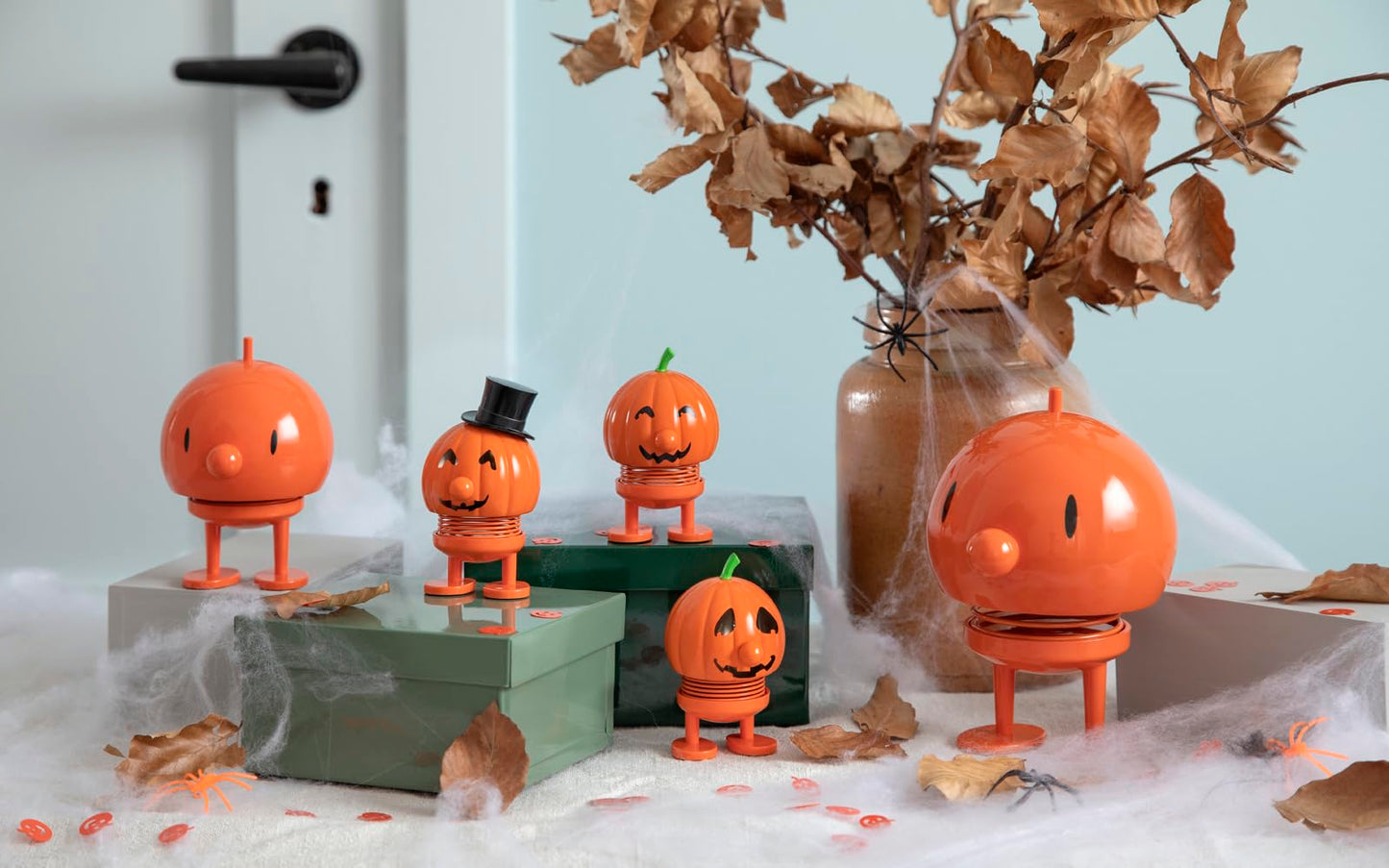 Hoptimist Pumpkin Bumble - Danish Design Home Decor Ornament - Plastic Figurine with a metal spring, Small - Creates Cheerful Movement - (Orange)