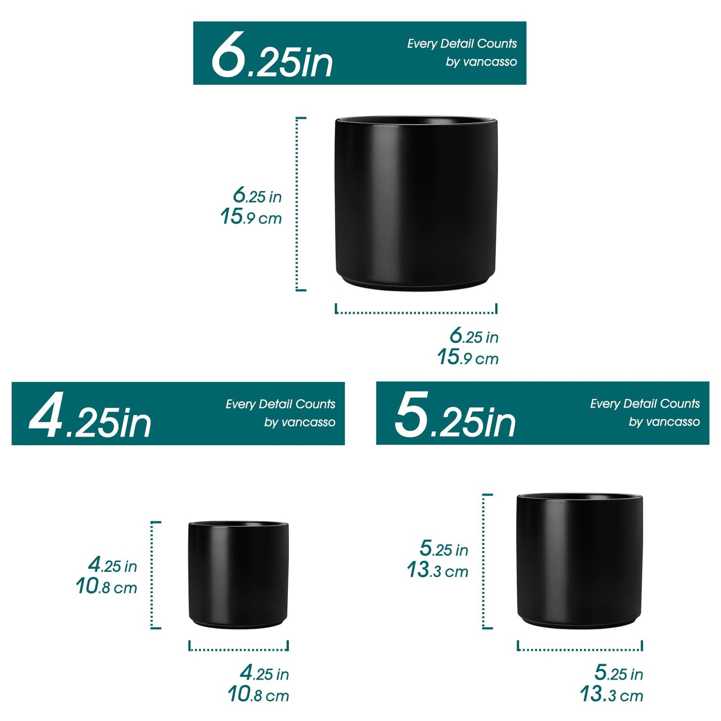 vancasso Ceramic Plant Pots, 4.25+5.25+6.25 Inch Planter Pot with Drainage Hole, Flower Pots for Indoor Outdoor Plants, Set of 3, Black