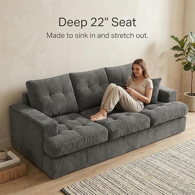 85" Corduroy 3 Seater Sofa in a Box, High-Density Foam Couch, No Assembly