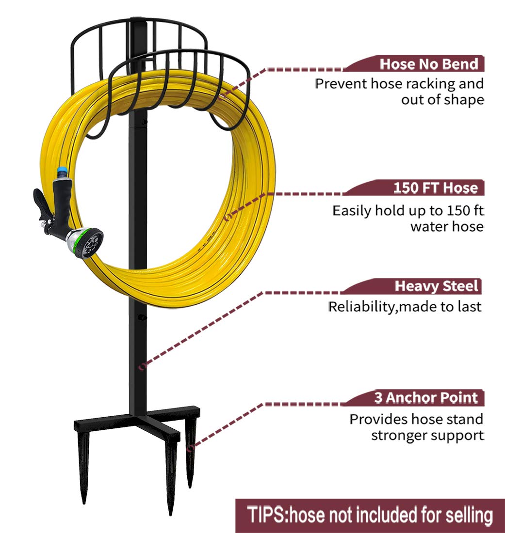 Artigarden Freestanding Garden Hose Holder Hanger, Outdoor Heavy Duty Metal Water Hose Storage Holders Stand Organizer Rack Detachable Stake, Holds 150 Ft of Hoses for Outside Lawn Yard, Black