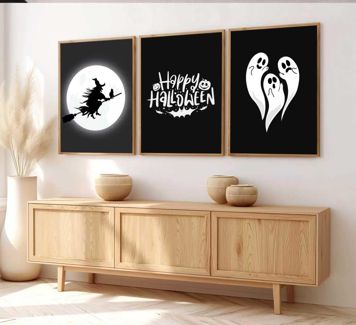 Halloween Horror Ghost Canvas wall art Witch flying on a broom Painting Picture Wall Decor Goth Dark Moody Poster Print Artwork for Halloween Party in Living Room and Bedroom Home Decoration