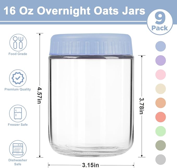 Overnight Oats Containers with Lids, 16oz Wide Mouth Mason Jars with Lids, 9 Pack Glass Jars with Airtight lid for Chia Pudding Yogurt Salad, Meal Prer Oatmeal Jars, Blue