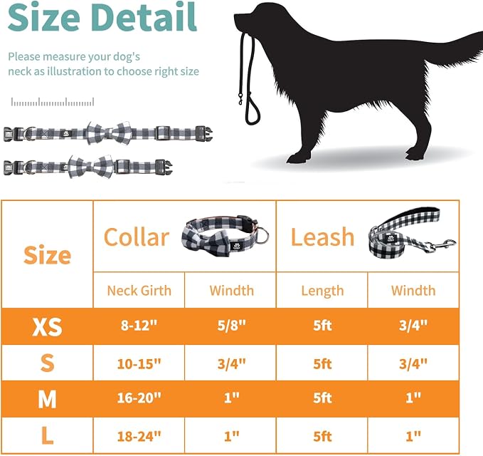 IVY&LANE Dog Collar with Bowtie and Leash Set | Plaid Adjustable Dog Collar | Detachable Bow Tie |5 FT Dog Leash | for Small Medium Large Dogs | Checkered Black | Large