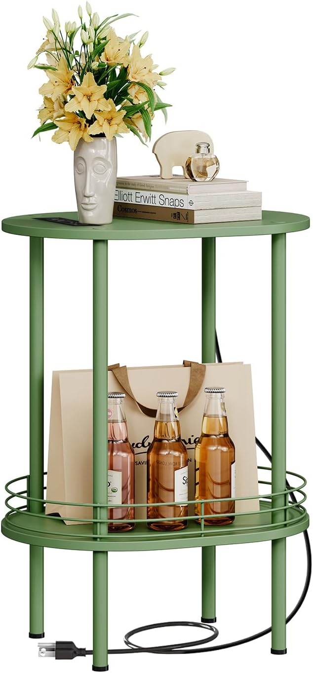 DGSANDGO Green Side Table with Charging Station, Side Tables Living Room