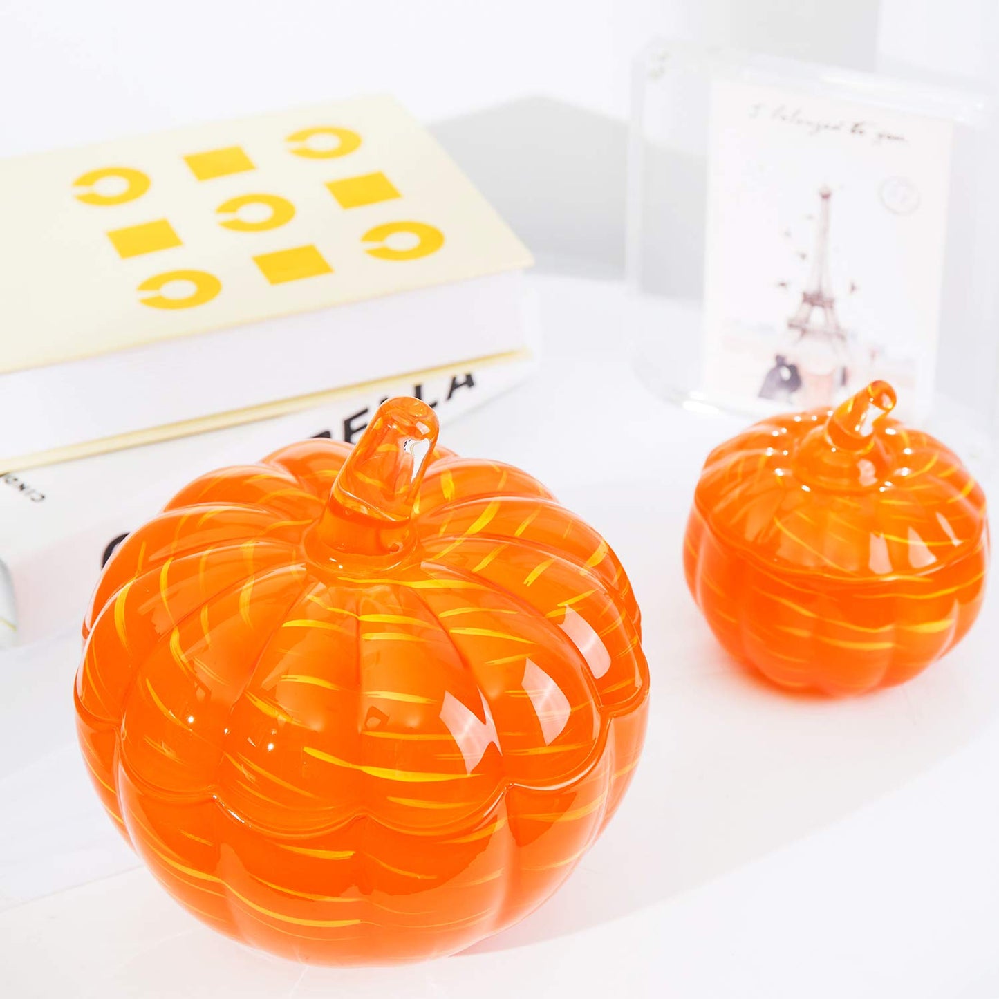 Crystal Pumpkin Jar with Cover, Glass Decorative Wedding Candy Bowl Snack Candy Dish Storage with Lid Organizer Canisters Home Decor Fall Thanksgiving Halloween Party Centerpieces (L, Orange)
