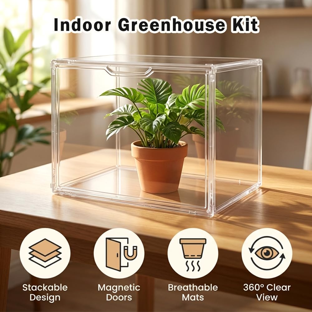 Mini Greenhouse for Indoor, Stackable Acrylic Plant Nursery with Magnetic Easy-Access Door, Tabletop Small Green House for Seedling Germination, Succulents & Cactus, 14.1x8.6x10.6 Inch