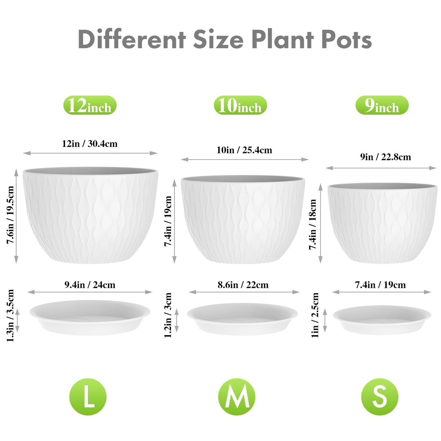Meowell 12/10/9 inch Large Plant Pots, 3 Pack Wide Flower Pots for Outdoor Indoor Plants with Water Ripples, Big Plastic Planters with Drainage Holes and Saucers for Garden House Plants, White