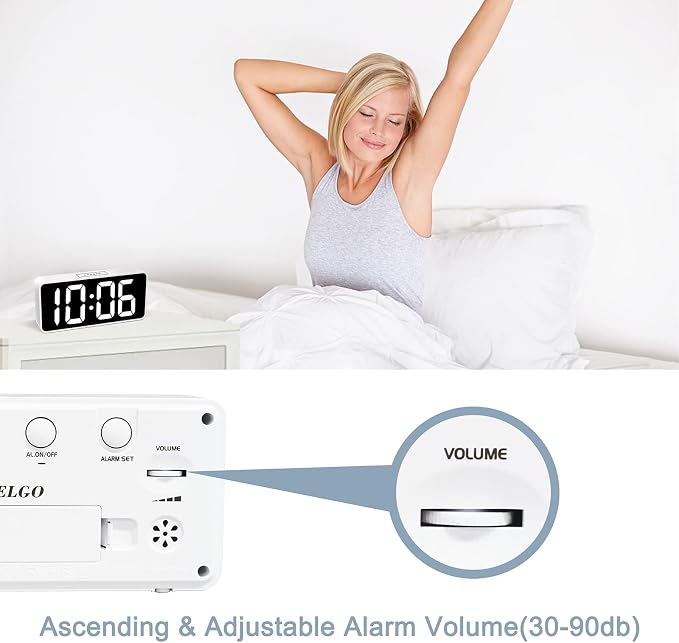 Welgo 7.5 Inch Huge Digital Alarm Clock for Seniors | 0-100% dimmer, oversized easy-read numbers, adjustable volume, USB charging port, snooze, outlet-powered for bedroom