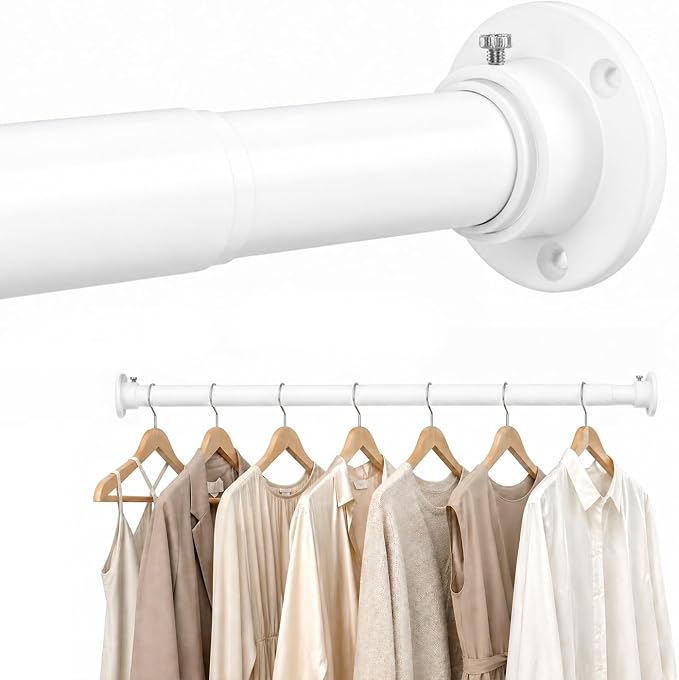 Closet Rod Adjustable 17 to 83 Inch, 1-1/4” Diameter, Closet Rods for Hanging Clothes, Stepless Metal Heavy Duty Hanging Rod for Closet Wardrobes Laundry RV (White)