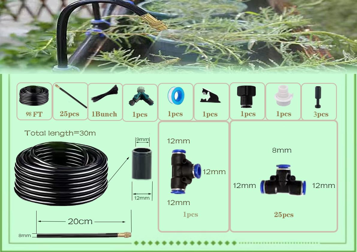 Drip Irrigation Kit Automatic Watering System for Potted Plants, 360 Degree Adjustable Copper Micro Sprinklers, Quick Connect Tubing Fittings for Garden, Lawn, Patio, Balcony (100 FT)