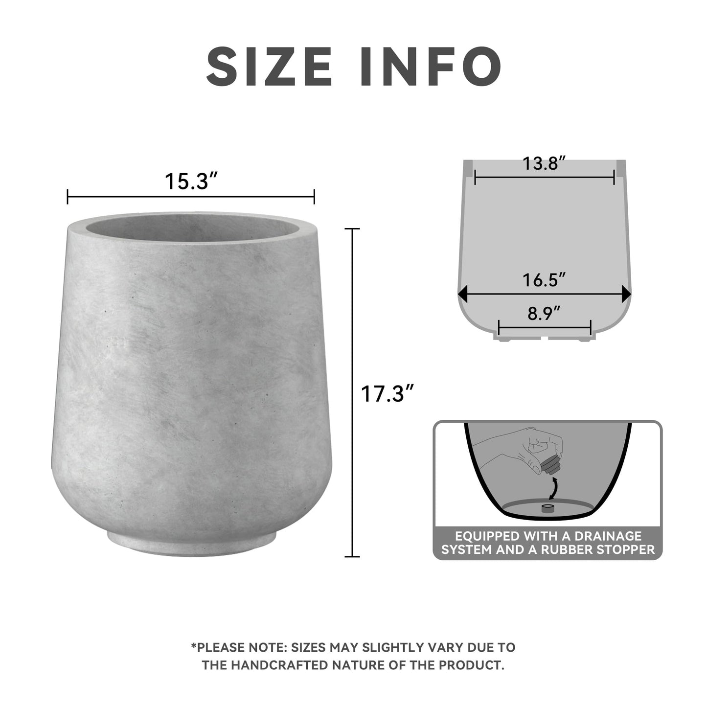 Kante 15.3" Dia Round Concrete Planter, Outdoor Indoor Large Plant Pots Containers with Drainage Hole and Rubber Plug for Home Garden Patio, Natural Concrete