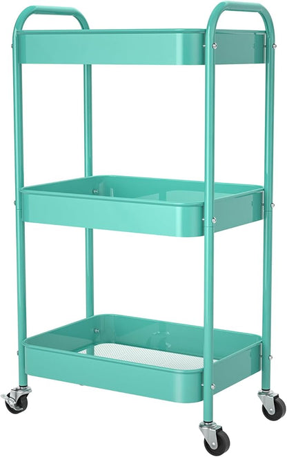 3-Tier Rolling Cart, Metal Utility Storage Carts with Wheels,Blue | Multi-Functional Organizer Easy Assembly Snack Cart