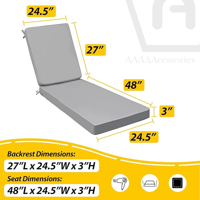 AAAAAcessories Outdoor Chaise Lounge Cushions, Fade-Resistant, Waterproof Patio