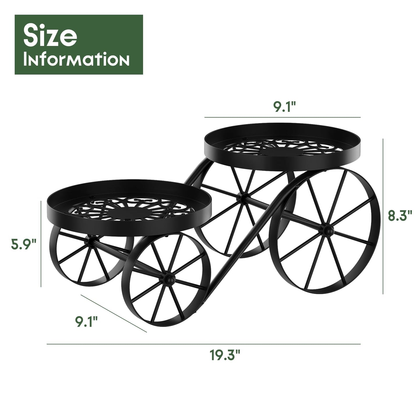 WELUKGUUD Metal Plant Stand Indoor Outdoor, 2-Tier Multi-Use Display Rack, Anti-Rust Iron Flower Pot Holder with Decorative Wagon Wheels, Home Decor for Corner, Patio, Bathroom (Black)