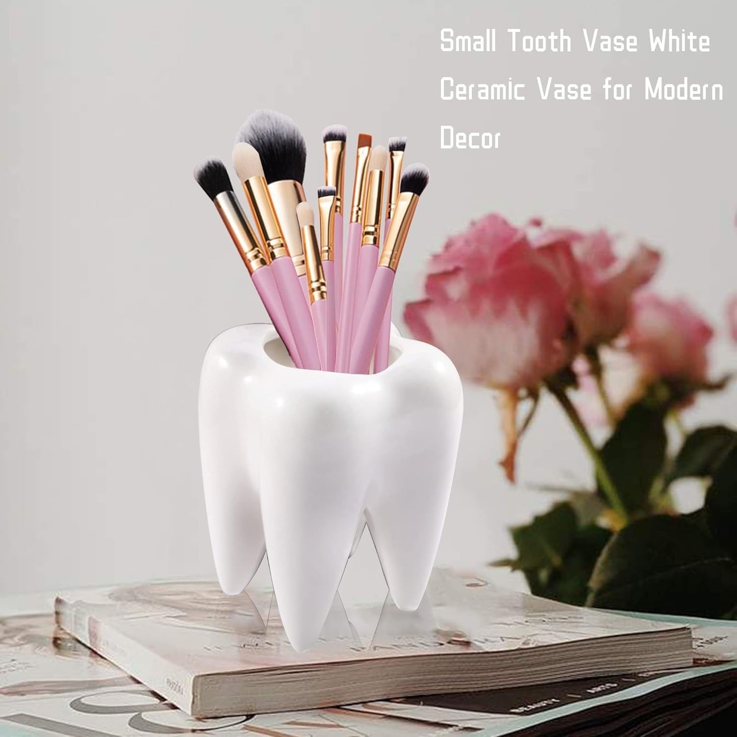 LECMACY Cute Tooth Shaped White Ceramic Planter Pots Flower Plant Containers, Mini Ceramic Succulent Planter Pots, Creative Pen Pencil Holder for Office Home Desk Decor, Plants Not Included (4 Pcs)