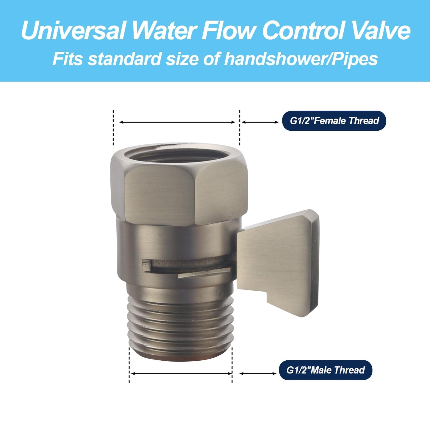 AZOS Brass Shut Off Valve, Shower Flow Control Valve, G1/2 Shower Water Pressure Regulator, Water Flow Control Valves for Handheld Shower Head, Brushed Nickel