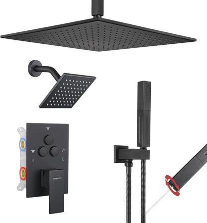 VANFOXLE Shower Faucet Set Matte Black Shower System, Push Button Diverter Shower Faucet with Trim Kit, Ceiling Mount 12 Inch Shower Head Increased Thick, 6 Inch Side Shower Head, 2-in-1 Handheld