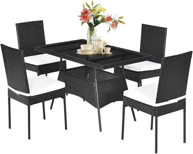 Tangkula 5 Piece Wicker Patio Dining Set, Outdoor Rattan Table & Chairs Set