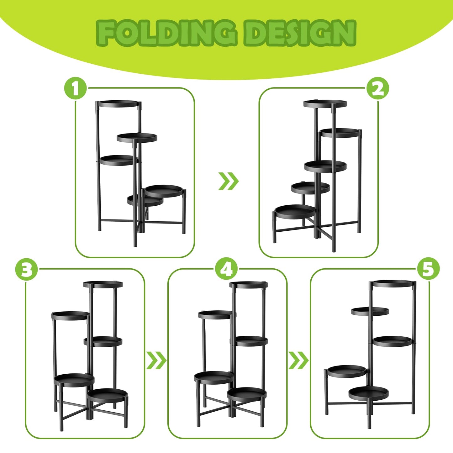 SparkByLiye 5 Tier Heavy Duty Metal Plant Stand for Indoor & Outdoor Use, Foldable Tall Corner Plant Shelf, Black Flower Pot Holder & Display Rack for Living Room, Balcony, Garden, & Patio