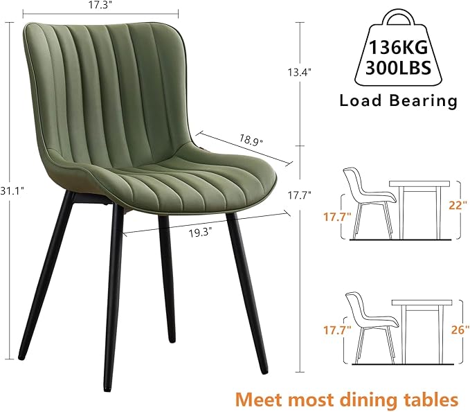 YOUNUOKE Mid-Century Modern Dining Chairs Set of 2, Olive Green Faux Leather