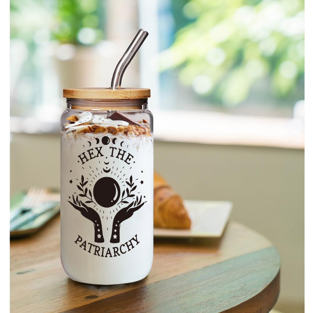 Enanaimg Hex the Patriarchy 16 oz Glass Cup with Lids and Straws, Witchy Feminist Gifts for Friend Bestie Employee Coworker, Halloween Feminist Glass Cup for Birthday Christmas, Power Mug