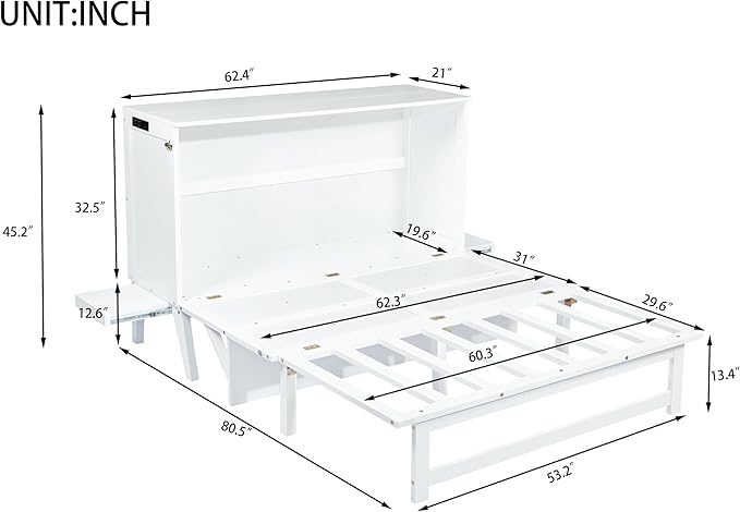 Queen Size Murphy Bed with USB Port and Removable Shelves on Each Side
