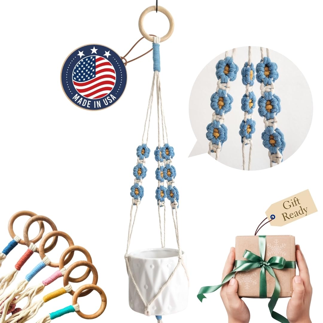 Macrame plant hanger with Daisies | Hanging plant holder | Macrame Plant hangers outdoor and indoor hanging planters Plant stand indoor Boho Decor hanging planter stand/plant shelf (Cloudy Day)