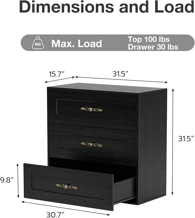 Wooden Dresser with 3 Large Drawers, Modular Media Console Storage Chest of