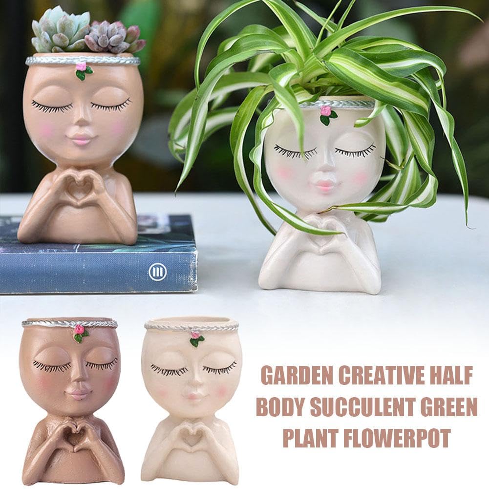 Face Planter Pot with Heart Hands, Unique Resin Head Planter for Indoor Plants, Cute S-ucculent Pots with Drainage Hole, Decorative Makeup Brush Holder for Vanity, for Women