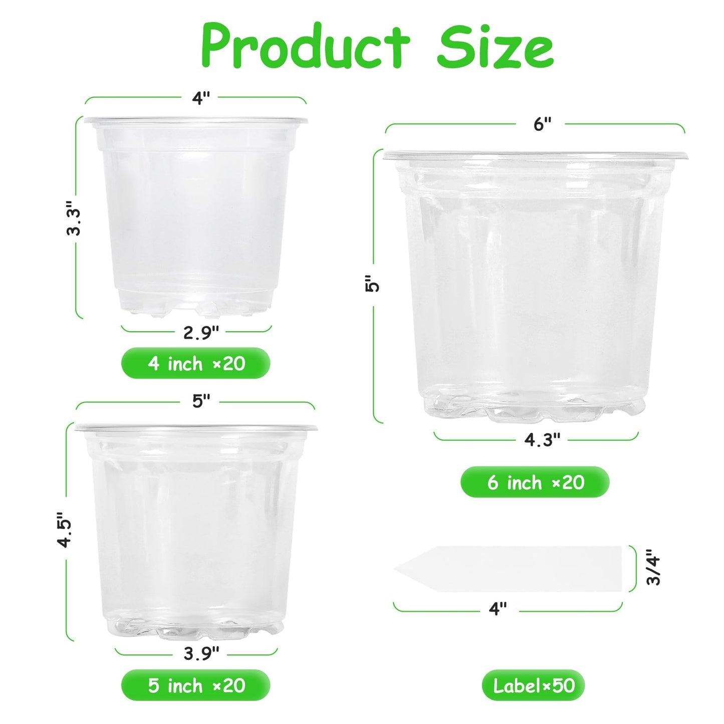 Hemikaki 60 Pack 4/5/6 Inch Clear Nursery Pots with Drainage Holes, Transparent Plastic Plant Pots, Reinforced Seed Starter Flower Pots, Comes with 50pcs Plant Labels