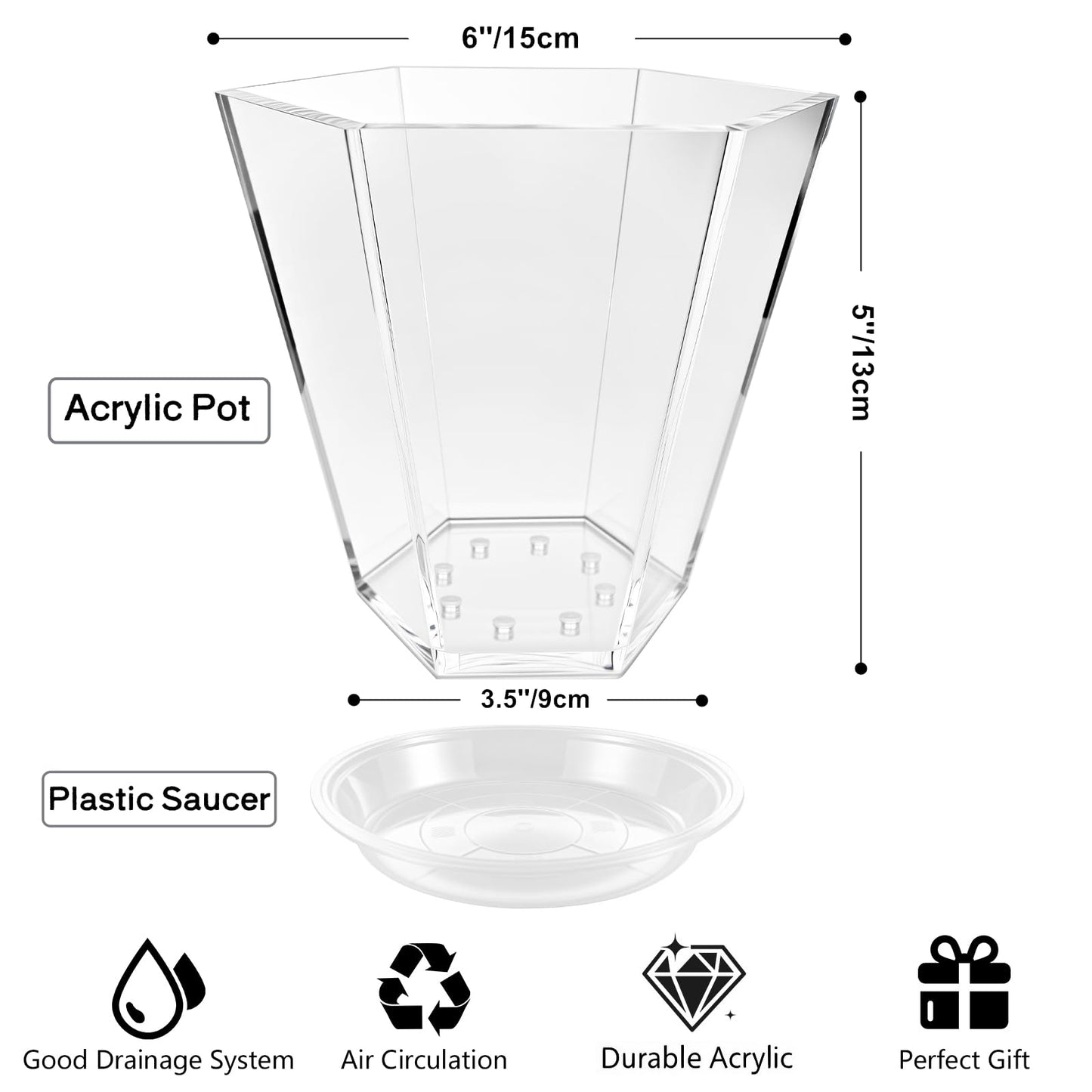 HappyDino Clear Plant Pot with Drainage Acrylic 6 inch Plant Pot Small Indoor Planter Box Outdoor with Saucer for Succulent, Decorative and Sturdy