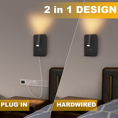 ZEROUNO Plug in Wall Sconce with Switch LED Bedside Lamp Bedroom Wall Mounted Reading Light with USB Port Wall Lighting 3000K（Black）