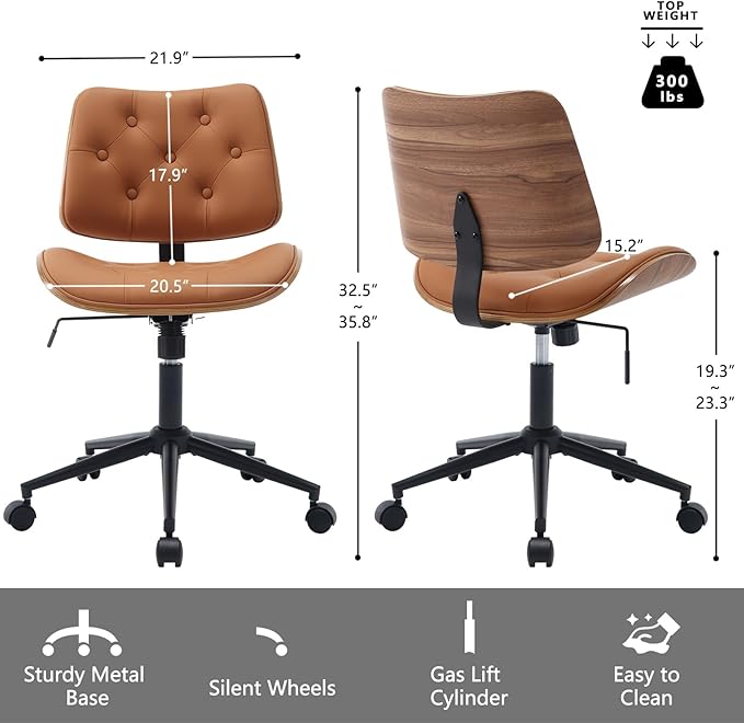 Armless Home Office Chair with Wheels, PU Leather Adjustable Height Computer