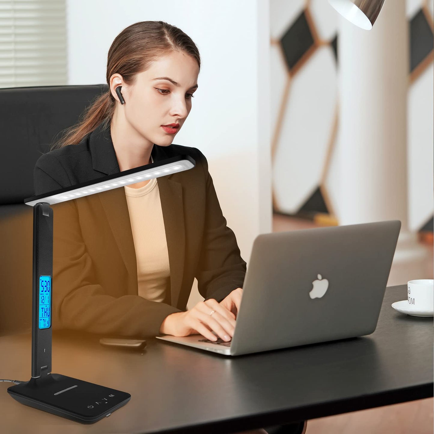 snsok Desk Light with Wireless Charger, USB Charging Port, Dimmable Office Desk Lamp with Clock, Alarm, Date, Temperature, Foldable Lamp for Table Bedroom Bedside Office