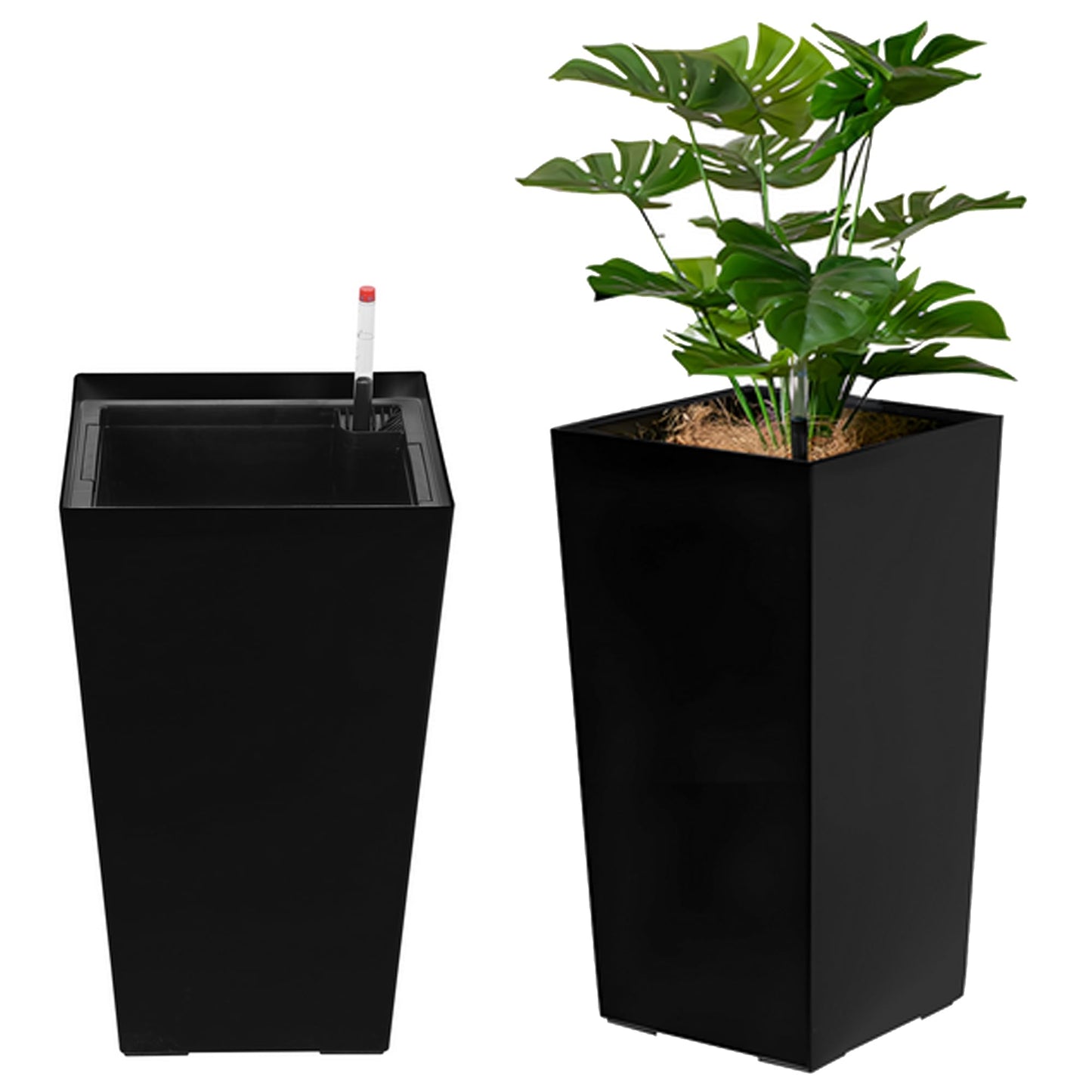 hatleues Resin Tall Planters Set of 2 Tall Flower Pot for Outdoor Indoor Plants, Flower Pots with Water Level Window & Drainage Tray, Dual-Buckle Design for Porch, Balcony, Deck,Modern Decor Black 2