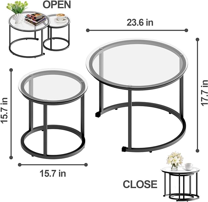 aboxoo Black Nesting Coffee Glass Table Set of 2, Metal Freme Side End Tables