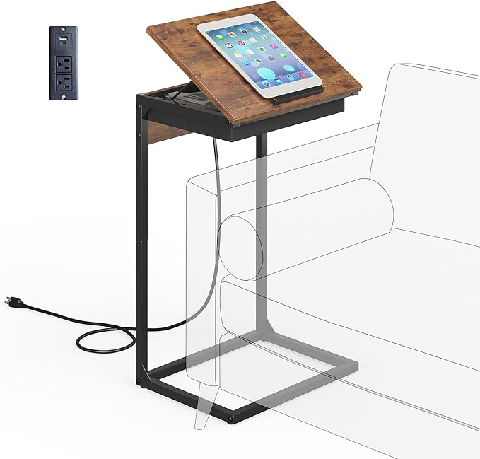 sthmec C Shaped End Table with Charging Station, 45° Tiltable Adjustable Flip