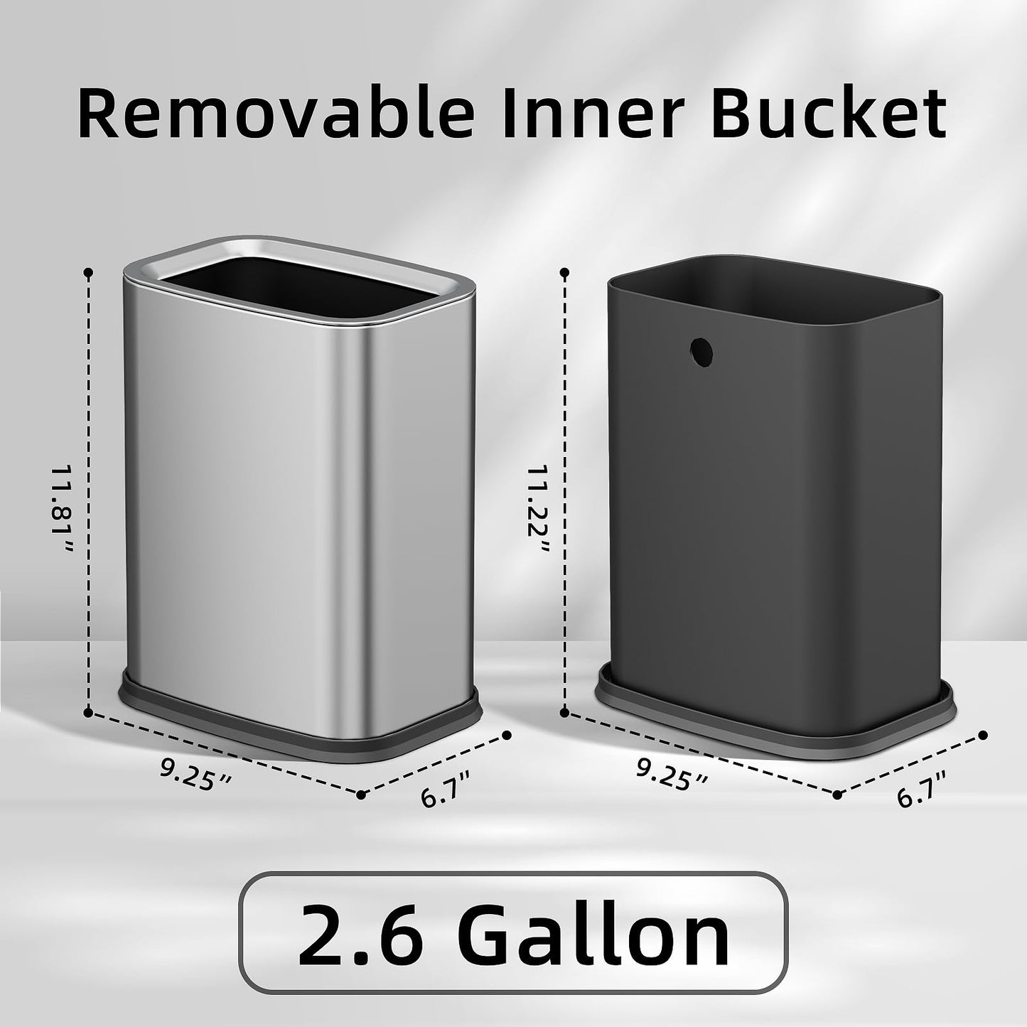 KHMMGK 2.6 Gal Stainless Steel Bathroom Trash Can,Metal Waste Baskets with Removable Inner Bucket,Small Office Garbage Can