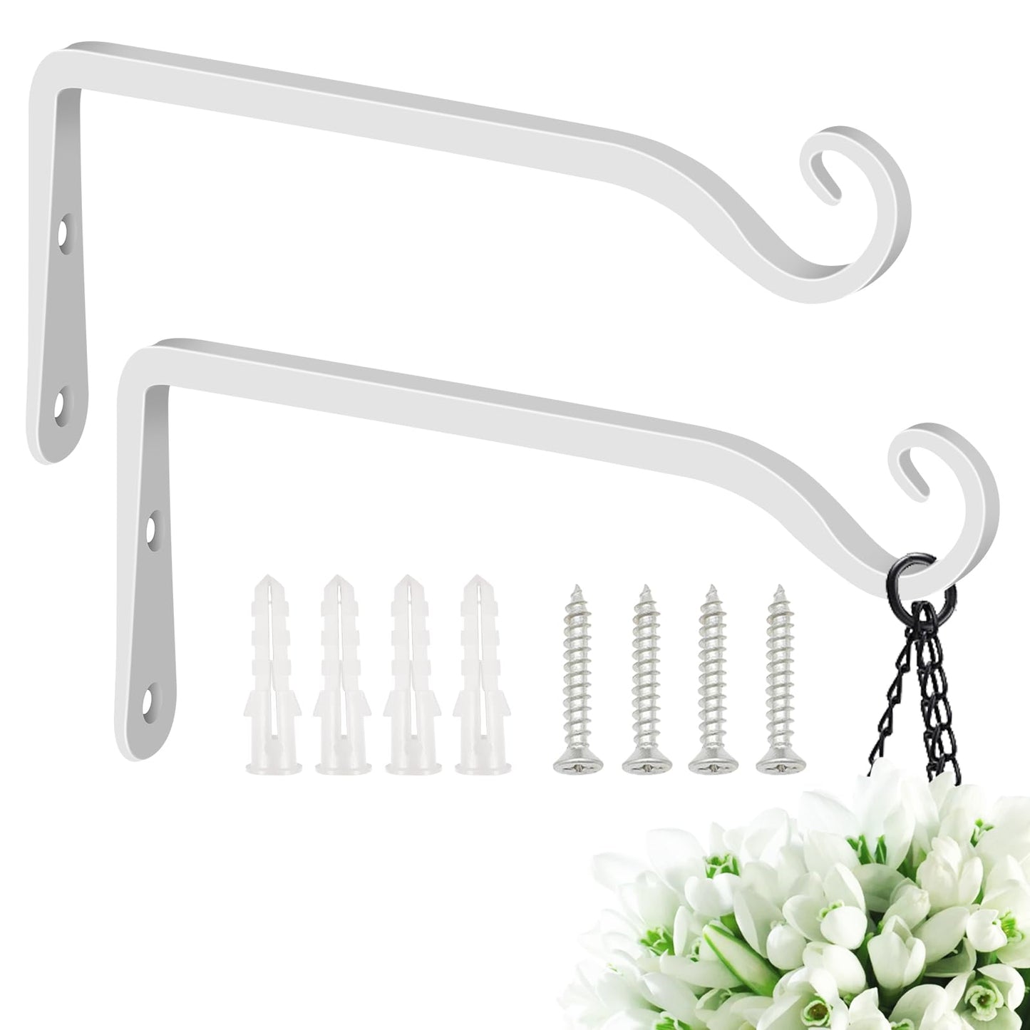 FEED GARDEN Hanging Plant Bracket 10 Inch 2 Pack, Hand-Forged Plant Hanger for Hanging Bird Feeders, Wind Chimes, Flower Baskets, Lanterns, Indoor/Outdoor Use, White