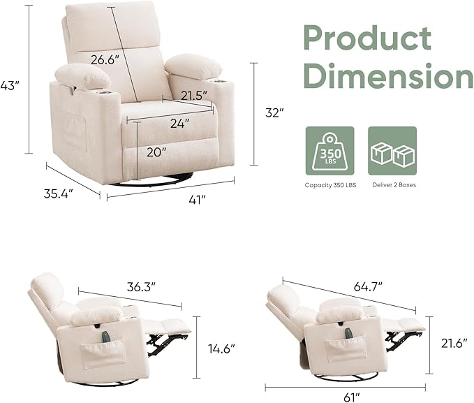 Rocking Chair Nursery with Adjustable Armrests, Electric Glider Recliner