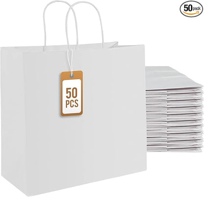 PAICUIKE 50 Pcs White Kraft Paper Bags with Handles, 11x6x11 Inch Shopping Gift Bags for Valentine’s Day, Retail, Parties, Weddings, Birthdays, Gift Packaging