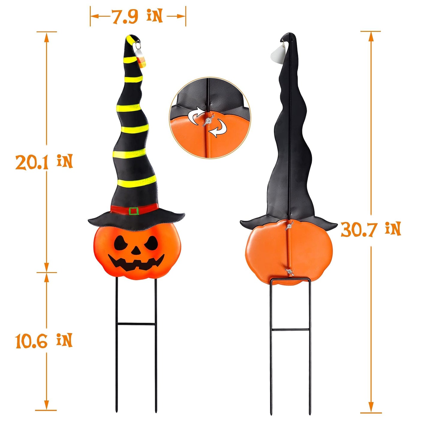 2 Pack Halloween/Thanksgiving Garden Decorations, Metal Jack-O-Lantern Yard Stakes with Witch Hats, Scary Yard Sign Outdoor Lawn Decor, Metal Pumpkin Art Garden Stake,Garden Sculpture Ornament