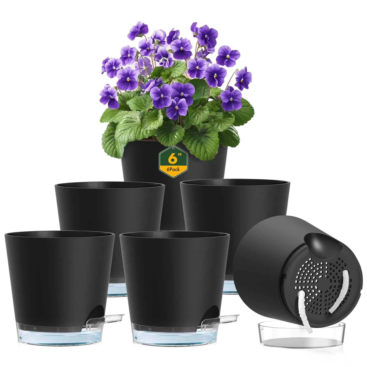 Meowell 6 inch Self Watering Pots for Indoor Outdoor Plants, 6 Pack Flower Plant Pots with Drainage Holes and Clear Reservoirs, Visible Water Level, Plastic Planters with Wicking Rope, Black