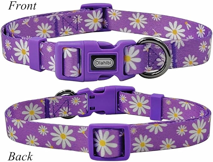 Dog Collar Leash Set, Floral Pattern, Polyester Material, Adjustable Collar and 5ft Matching Leash, for Large Dogs.(L, Purple Daisy)