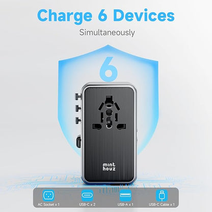 Minthouz Universal Travel Adapter, International 100W Power Adapter GaN Fast Charger with 2 USB-C PD, 1 USB-C Cable &A Ports, All-in-One Portable AC Power Plug Adapter for USA EU UK AUS