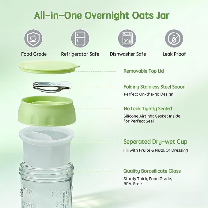 Overnight Oats Containers with Lids & Spoon 4 Pack 16oz, Leak-Proof Glass Over night Oat Jars with Divided Compartments for Fruit & Nuts, Meal Prep Mason Jars for Oatmeal Yogurt Chia Seed Pudding