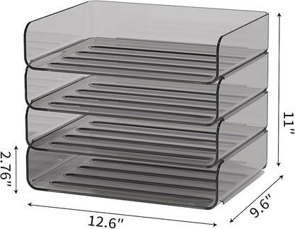 FANXIYQ 4-Tier Acrylic Paper Tray Organizer - Low-Profile Desk File Sorter for Office/Home, Brown Stackable Letter Tray for Bills, Crafts, Notebooks