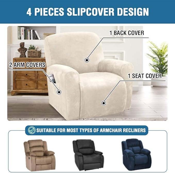 H.VERSAILTEX Velvet Stretch Recliner Couch Covers 4-Pieces Style Recliner Chair